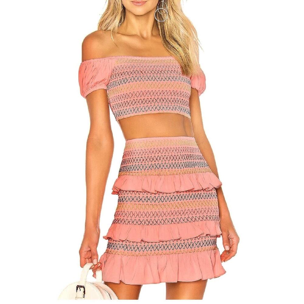 Lovers + Friends Kora Smocked 2 Piece Set Size M Crop Top & Mini Skirt in Pink - Picture 2 of 8